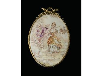 Beautiful Hand Painted Limoges Porcelain Oval Plaque In Ornate Brass Frame