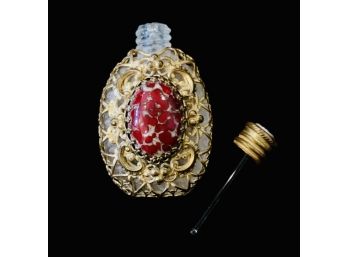 Lovely Antique Czech Mini Perfume Bottle 1920s With Ornate Filigree Overlay & Red Stone Accent