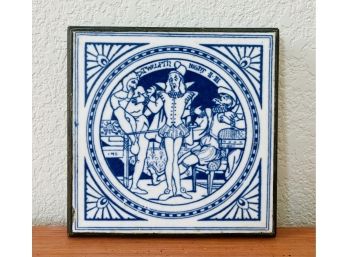 Antique Minton China Works Blue & White Porcelain Tile Trivet With Shakespeare's Twelfth Night Scene Has Wear