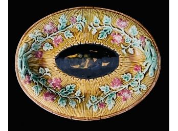 Gorgeous Antique Oval Majolica Platter With Wall Hanger