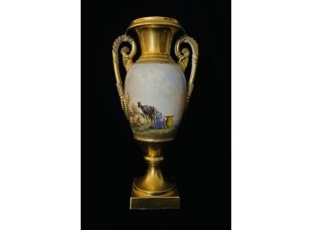 Antique Hand Painted European Porcelain Vase 2 Handles Gold Detailing  Woman Milking Goats  1 Of 2