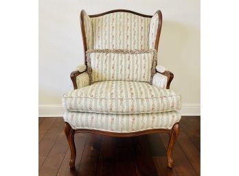 Elegant Wing Back Chair In Brocade Stripe With Wood Trim & Matching Accent Pillow Excellent Condition 2 Of 2