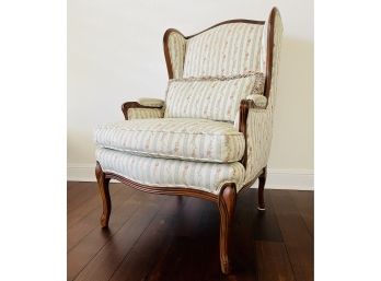 Elegant Wing Back Chair In Brocade Stripe With Wood Trim & Matching Accent Pillow Excellent Condition 1 Of 2