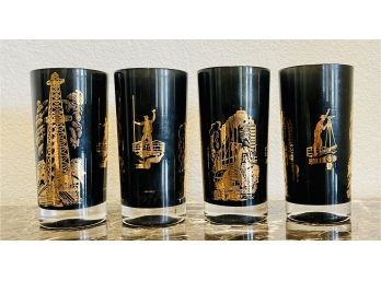 4 Vintage Black Glass & 22k Gold Highball Glasses With Oil Rig & Surveyors