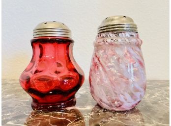 2 Antique Glass Sugar Shakers 1 Ruby Glass & 1 Pink Blown Glass