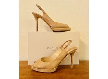 Jimmy Choo Nude Patent Leather Nova Peep Toe Platform Slingback Sandals Women's Size 8