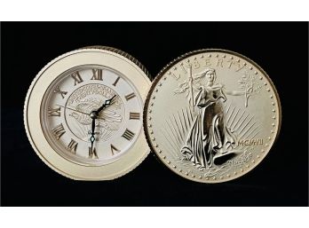 Bulova Gold Tone  USA Walking Liberty Coin Style Table Top Battery Clock