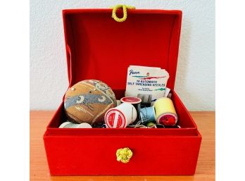 Red Velvet Domed Box With Sewing Notions