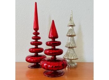 3 Mercury Glass Christmas Trees 2 Red & 1 Silver