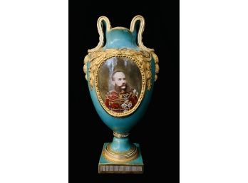 Antique Hand Painted European Porcelain Ewer Vase In Aqua Featuring Monarch