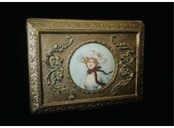Antique Ornate Heavy Repousse Box With Hand Painted Porcelain Portrait Of Lady Padded Silk Interior  Frayed