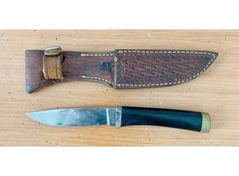 Vintage Browning Bone Handle & Brass Knife With Original Sheath Knife Edge Has Wear