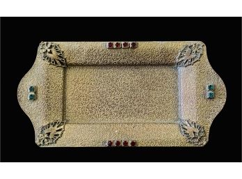 Antique Decorative Gold Tone Textured Rectangular Tray With Red & Green Stones