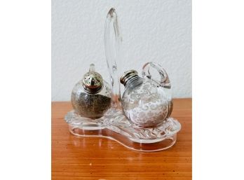 Vintage Depression Glass Salt & Pepper Shakers With Silver Tops & Glass Caddy