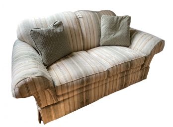 LazyBoy Loveseat With Green And Beige Fabric With Traces Of Gold Tone