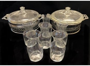 2 Pierced Metal Casserole Holders And 6 Small Glass Carafes