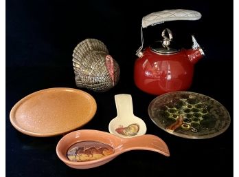 A Cute Grouping Of Kitchen Items Inc. Roseville Trivet, Ceramic Lidded Turkey Shaped Dish Tea Kettle & More
