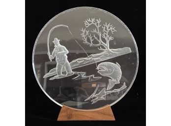 Vintage Art Signed Etching Lucite Acrylic Sculpture Man Fly Fishing Campbell