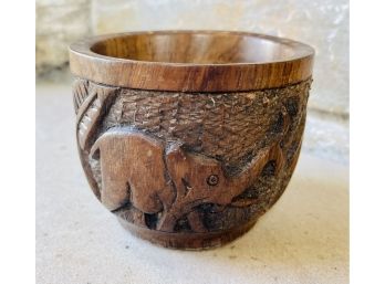Vintage African Hand Carved Wood Bowl W/ Elephants And Rhinocerous