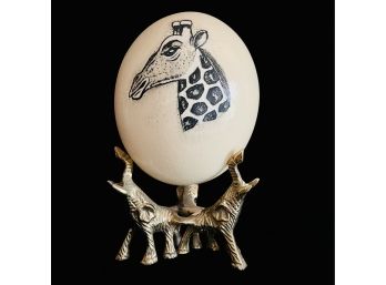 Hand Carved Ostrich Egg Depicting Giraffe With Elephant Brass Stand