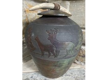 Unsigned Pottery With Bone Handle Lid And Forest Scene