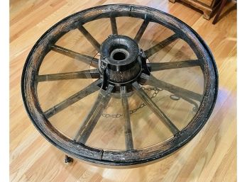 Stunning Antique Wood Wagon Wheel And Iron Frame Coffee Table