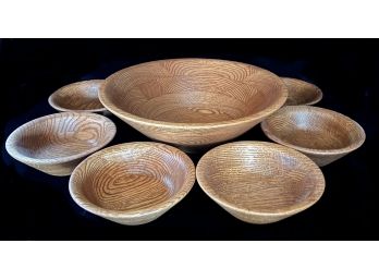Genuine Ozark Grown Harvest Oak Native Wood Serving Bowl With 6 Salad Bowls