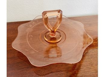 Vintage Pink Etched Depression Glass Serving Tray With Handle