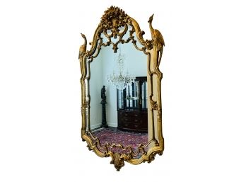 Antique Rococo Gilt Wood Mirror With Perched Pheasant Accents