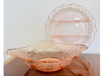Pair Of Pink Depression Glass Divided Plate And Etched Bowl