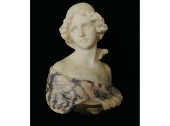 Amazing Antique Carved Marble Bust Woman With Shawl On Tambourine Base Multi Stone Specimens Used Signed Piece