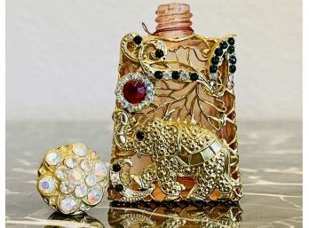 Vintage Czech Ornate Perfume Bottle With Gold Tone Filigree Overlay Elephant Motif & Rhinestones