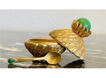Vintage 1960s Florenza Gold Tone Cast Metal Miniature Lidded Jar With Tiny Spoon Featuring Green Accents