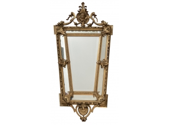 Ornate Gold Louis XVI Antique Beveled Mirror With Cherub And Scallop Detailing