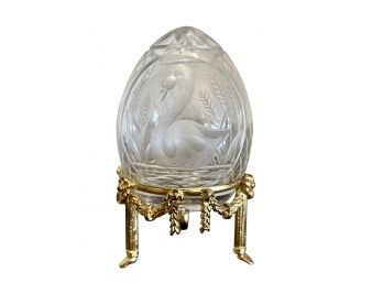 Stunning Signed Faberge Carved Crystal Swan Motif Egg On Ornate Brass Base