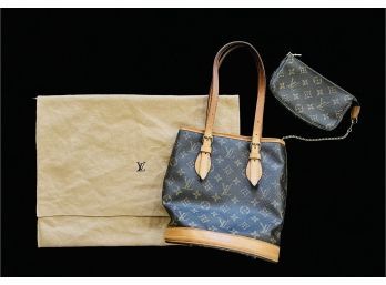 Authentic Louis Vuitton Petit Bucket M42238 Classic Coated Fabric Cowhide Leather Trim Handbag With Wristlet