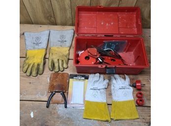 Red Tool Box With Misc Welding Items Including Two Sets Of Welder Gloves, & More