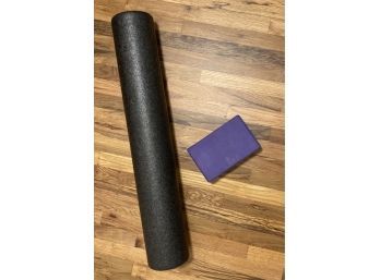 Fitness Lot, Including A Yoga Block, A Foam Roller And Mismatched Dumbells