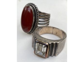 Duo Of Silver Colored Rings, Including One With Carnelian Stone
