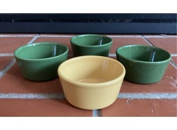 4 Sur La Table Oven To Table Stoneware Mini Bowls, 3 Green And 1 Yellow