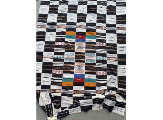 Rare! Khasa Colorful Strip Sewn Hand Woven African Cotton Blanket With Geometric Patterning