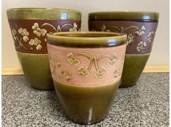 Group Of Three Norcal Pottery Pieces In Shades Of Green With Flower Blossoms