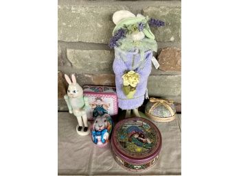 Large Lavender Bunny Figurine With Decorative Tins/basket & Nutcracker