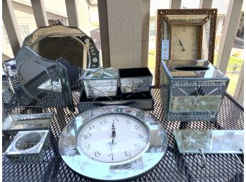 Collection Of Mirrored Vanity Pieces With Etched Floral Detailing Includes Tray, Clock, And Shelf