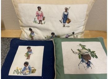 Group Of Three Handmade Needlepoint Embroidered Pillows