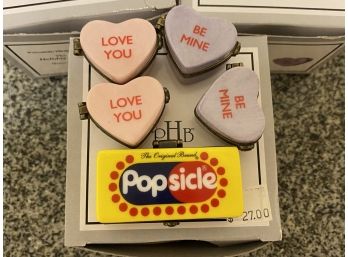 Midwest Collection Porcelain Hinged Boxes Featuring Sweethearts And Popsicle -New In Box