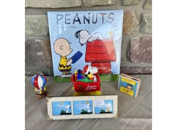 Peanut's Collection Including 2003 Calendar, Snoopy Sleigh Bank, Stamp & More