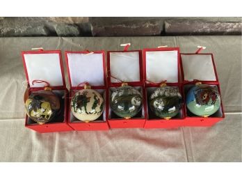 (5) Inside Painted Glass Ornaments With Original Boxes & Tags