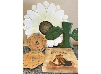 Grouping Of Charming Home Décor Including Flower Wall Shelf & Mackenzie Childs Painted Wood Plates