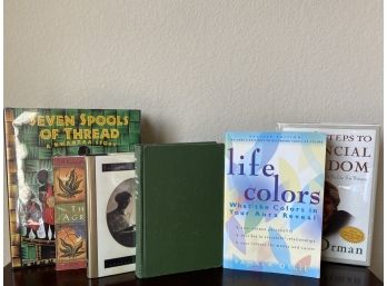 Group Of Books Including Seven Spools Of Thread, Life Colors, The Four Agreements, And Follow Your Heart